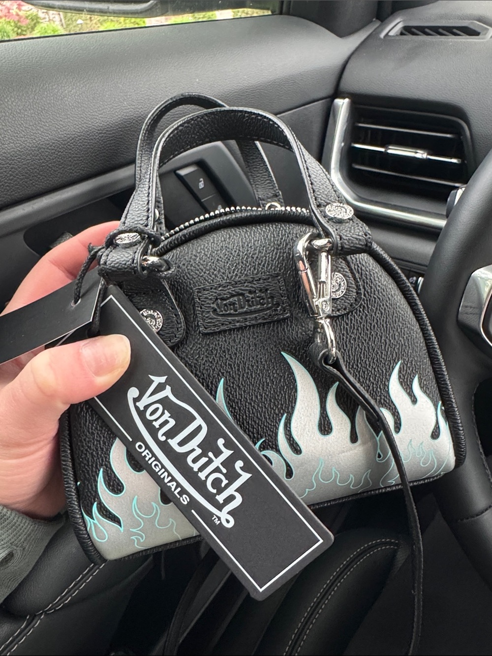 Von Dutch Black Mini Dome Bag with Silver and Pale Blue Flame Detail